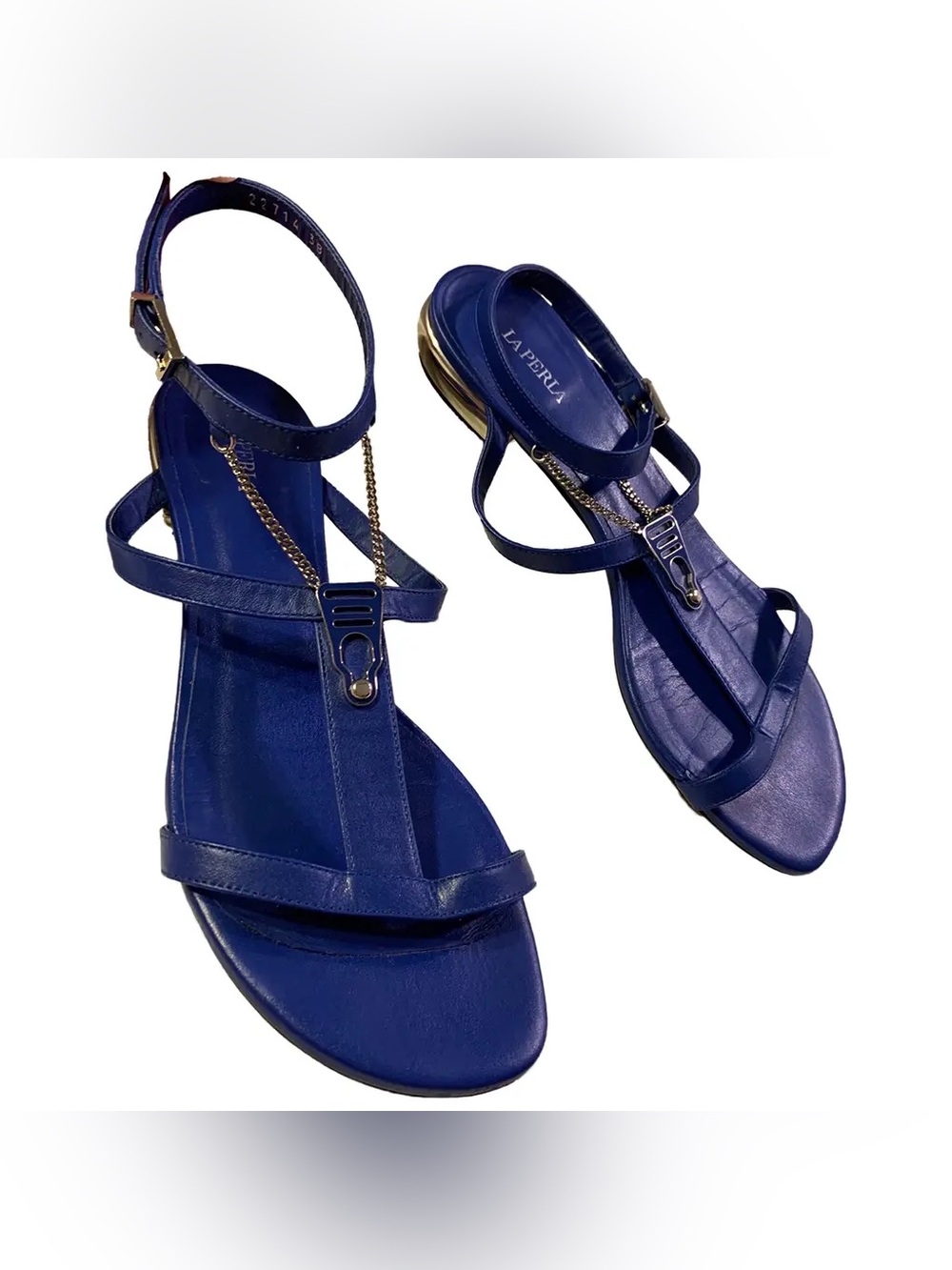 La Perla Navy Blue Leather T-Strap Sandals made in Italy size 9
